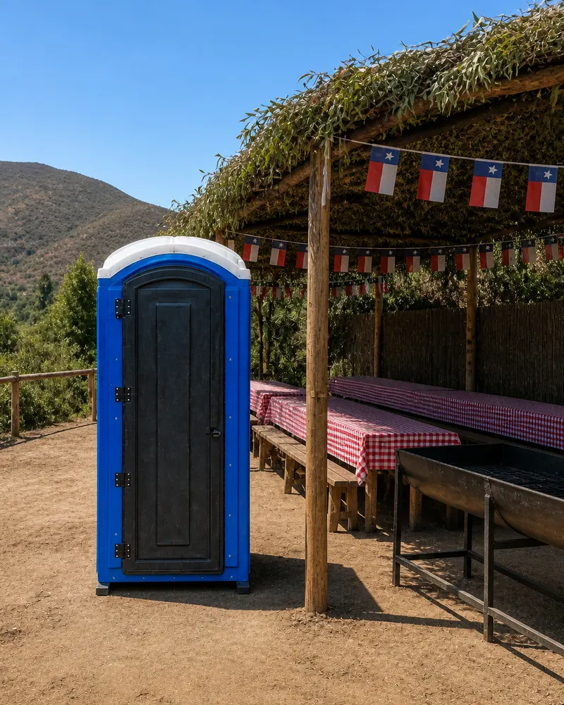 Baño químico azul instalado junto a una ramada con banderines chilenos antes de abrir la fonda