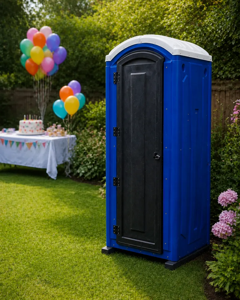 Baño químico azul instalado en un jardín decorado con globos y banderines para una kermesse