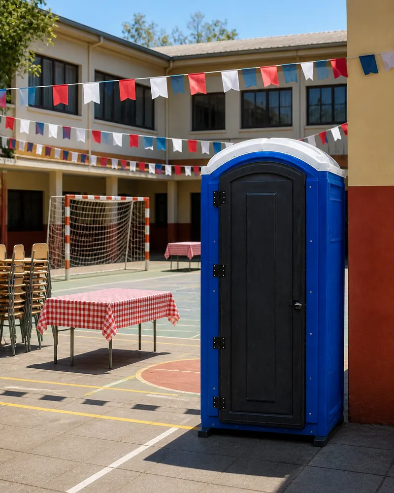 Baño químico azul instalado en el patio de un colegio con banderines chilenos para una peña folclórica