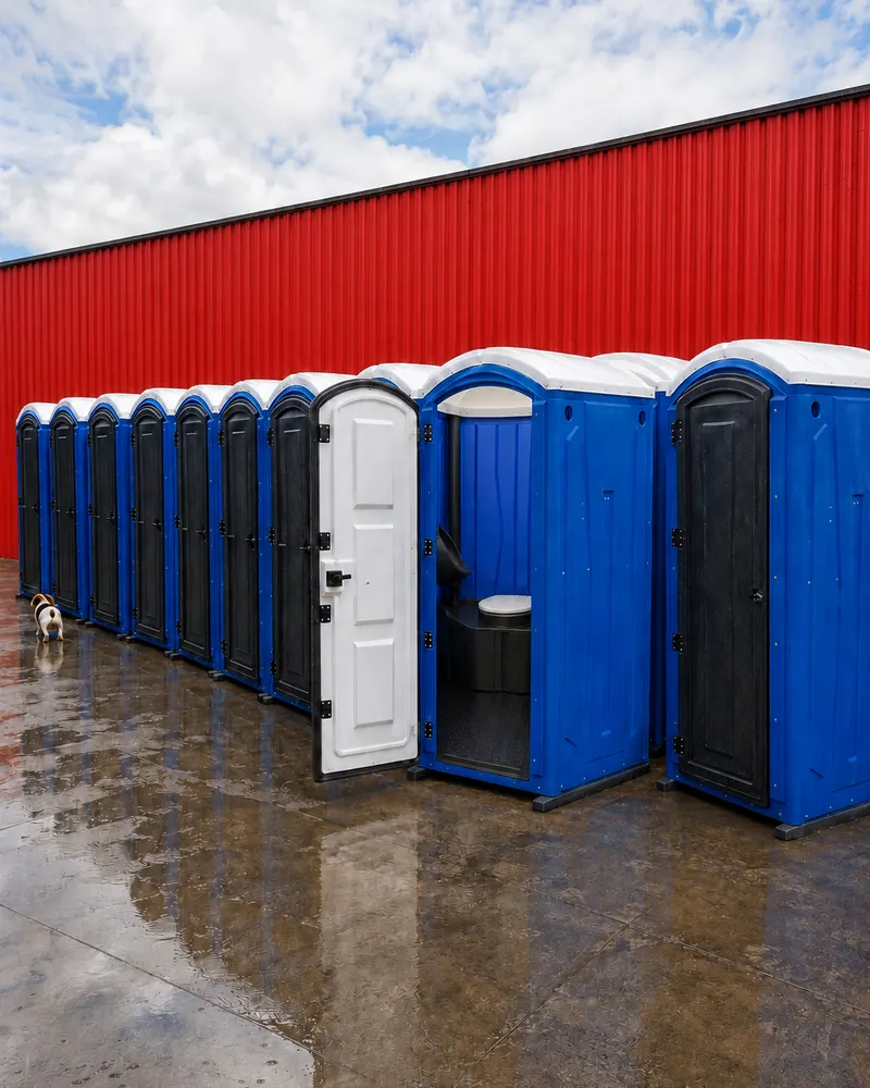 Fila de baños químicos listos para despacho a fondas grandes